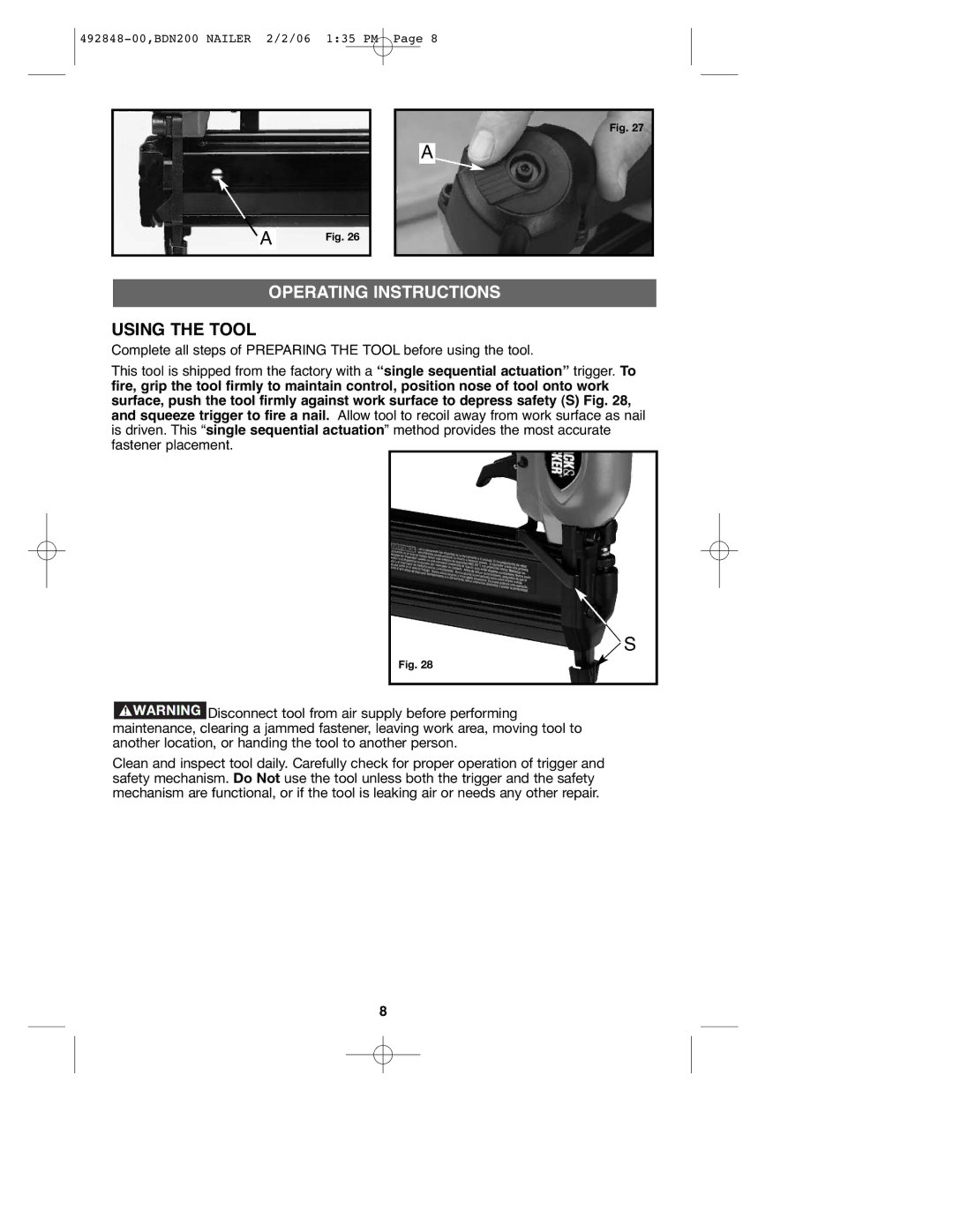 Black & Decker 492848-00, BDN200 instruction manual Operating Instructions, Using the Tool 