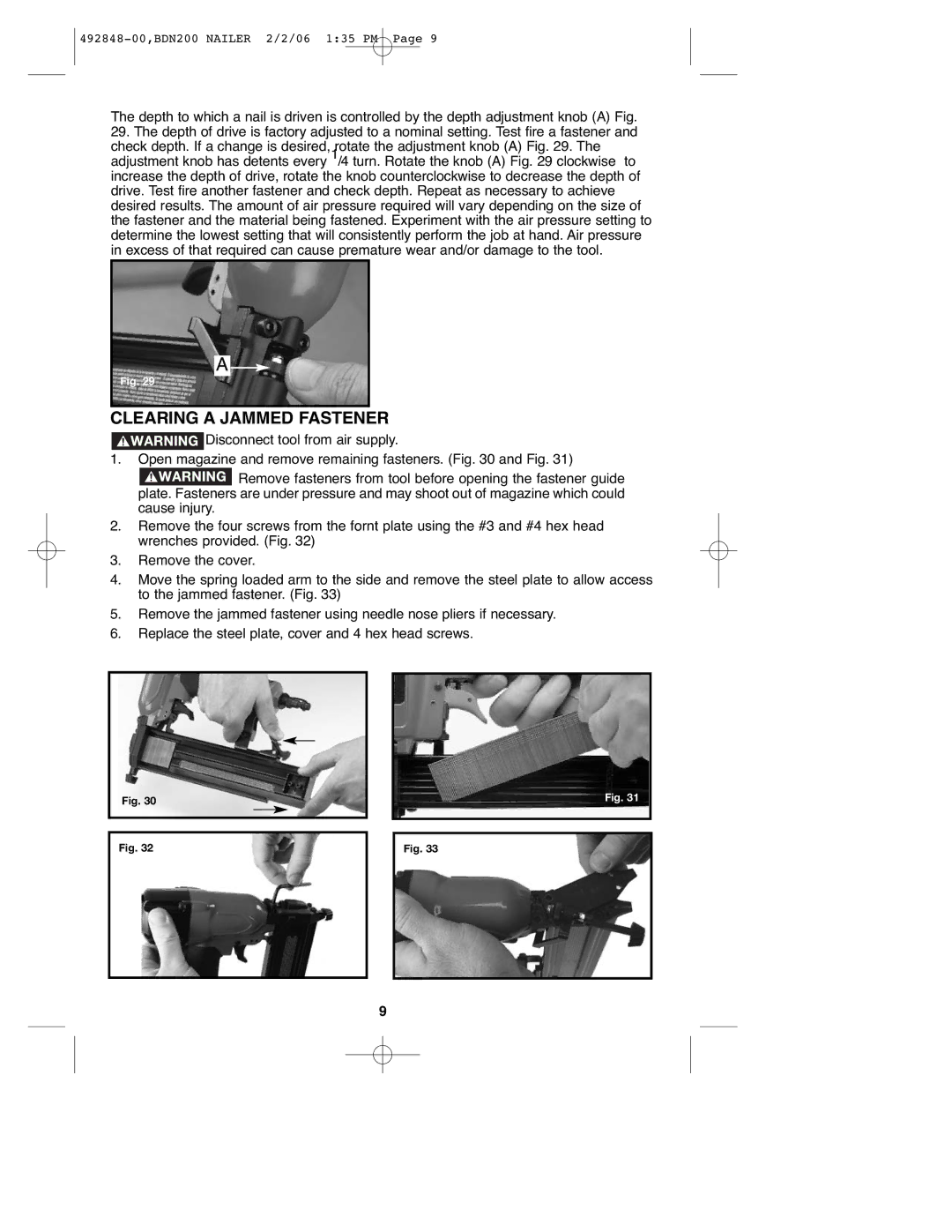 Black & Decker BDN200, 492848-00 instruction manual Clearing a Jammed Fastener 