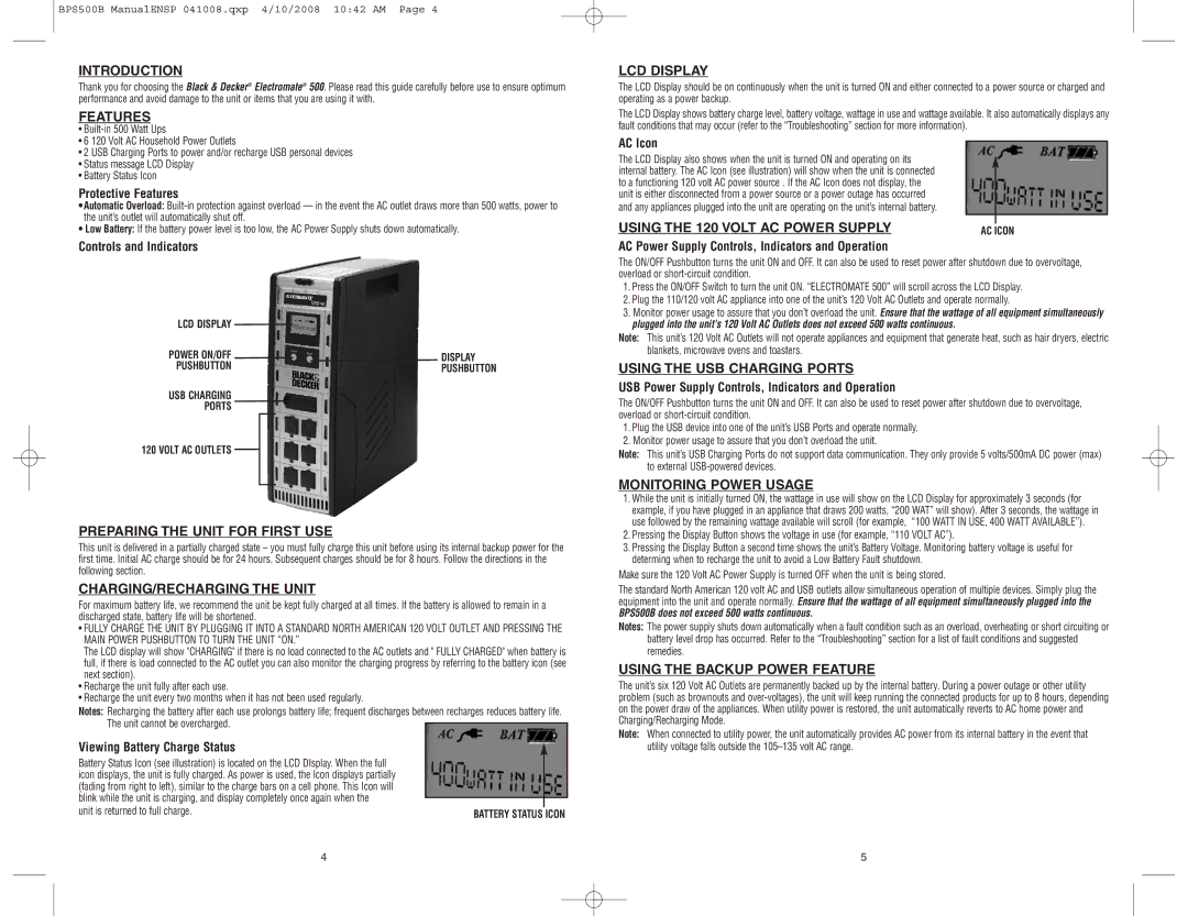 Black & Decker 500 Introduction, Features, Preparing the Unit for First USE, CHARGING/RECHARGING the Unit, LCD Display 