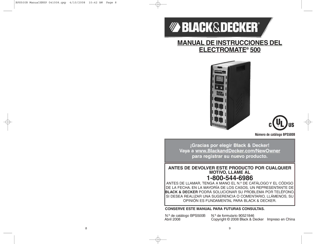 Black & Decker 500 instruction manual Manual DE Instrucciones DEL Electromate, Conserve Este Manual Para Futuras Consultas 