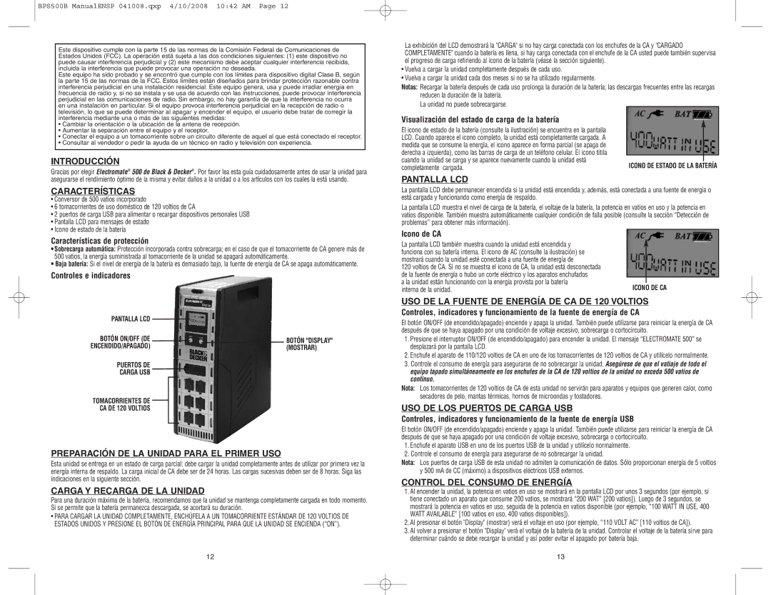 Black & Decker 500 Introducción, Características, Preparación DE LA Unidad Para EL Primer USO, Pantalla LCD 