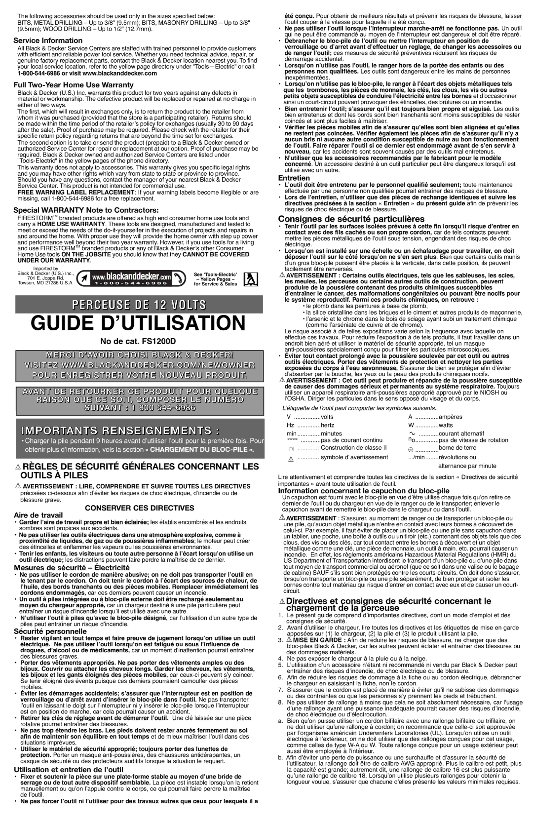 Black & Decker FS1200D, 5146603-00 Importants Renseignements, Règles DE Sécurité Générales Concernant LES Outils À Piles 