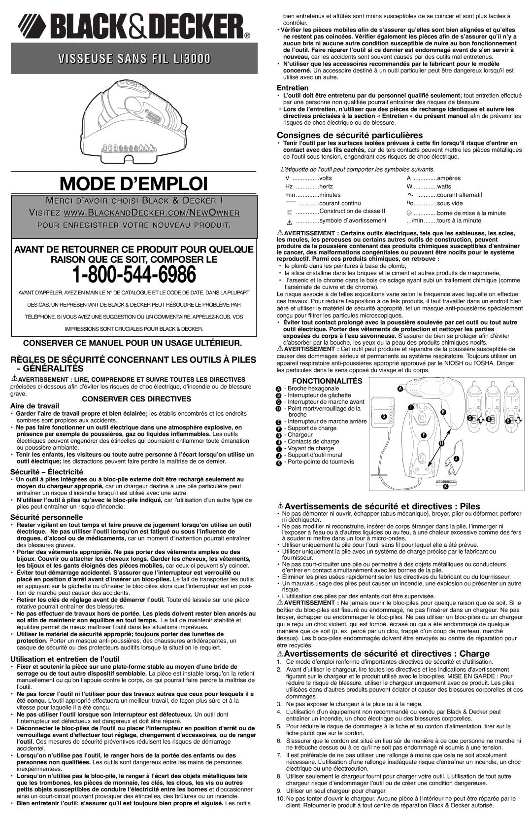 Black & Decker 5147205-00 Consignes de sécurité particulières, Avertissements de sécurité et directives Piles 