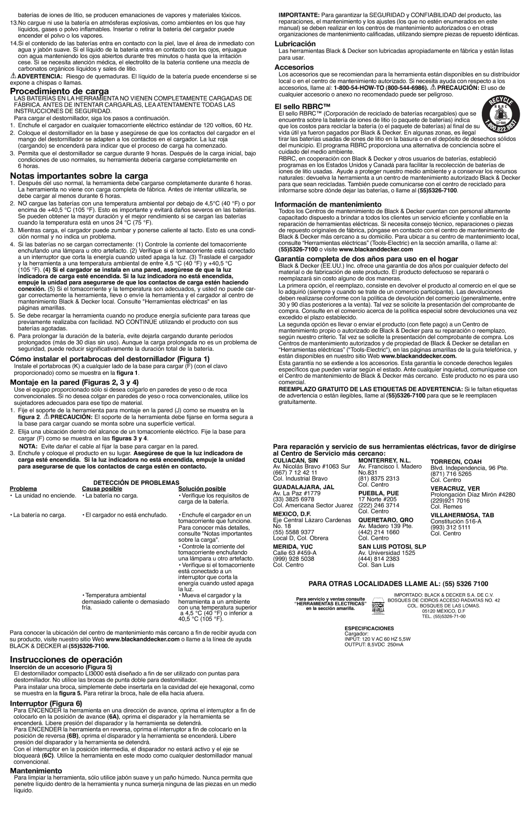 Black & Decker 5147205-00 Procedimiento de carga, Notas importantes sobre la carga, Instrucciones de operación 