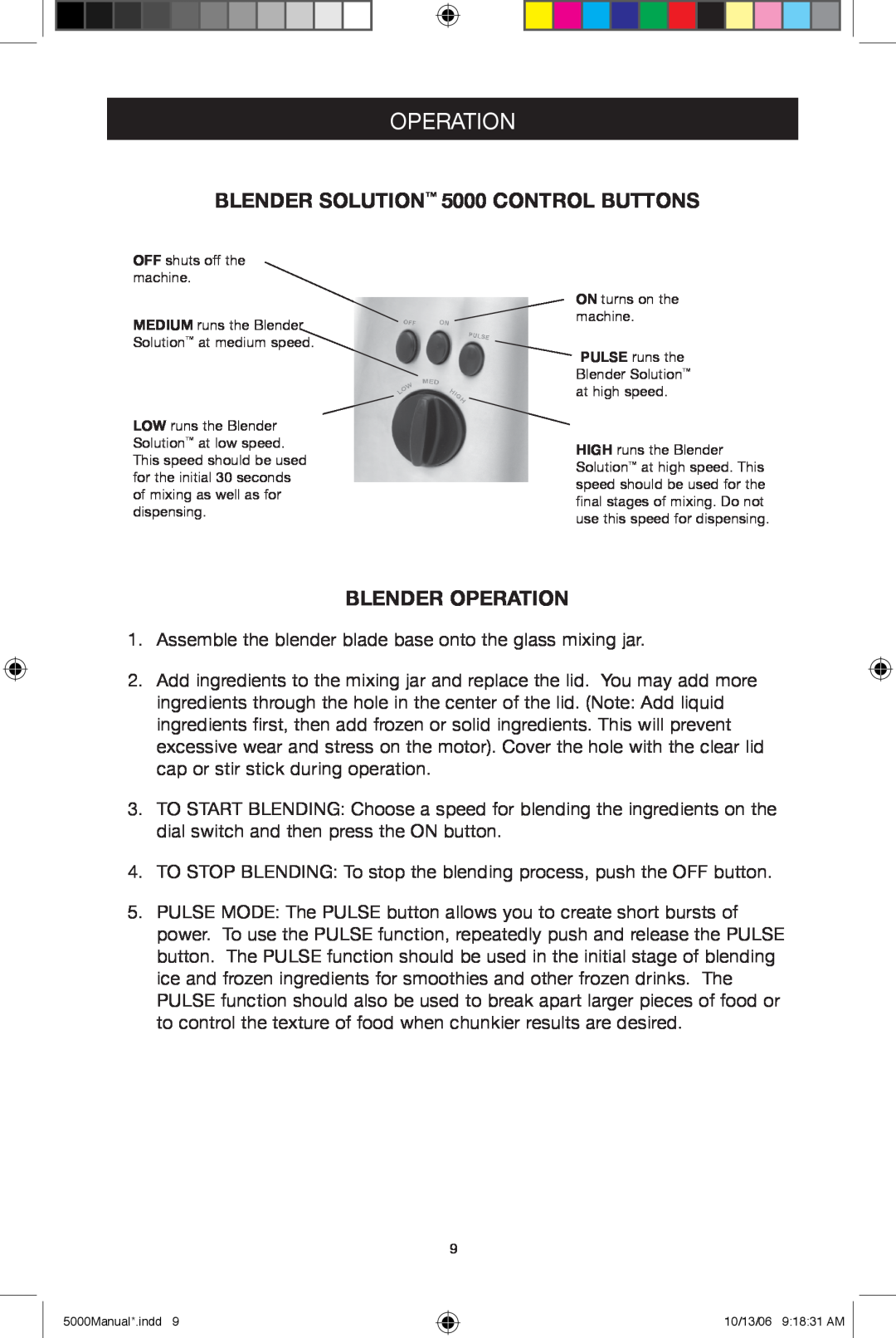 Black & Decker 5500 manuel dutilisation BLENDER SOLUTION 5000 CONTROL BUTTONS, Blender Operation 