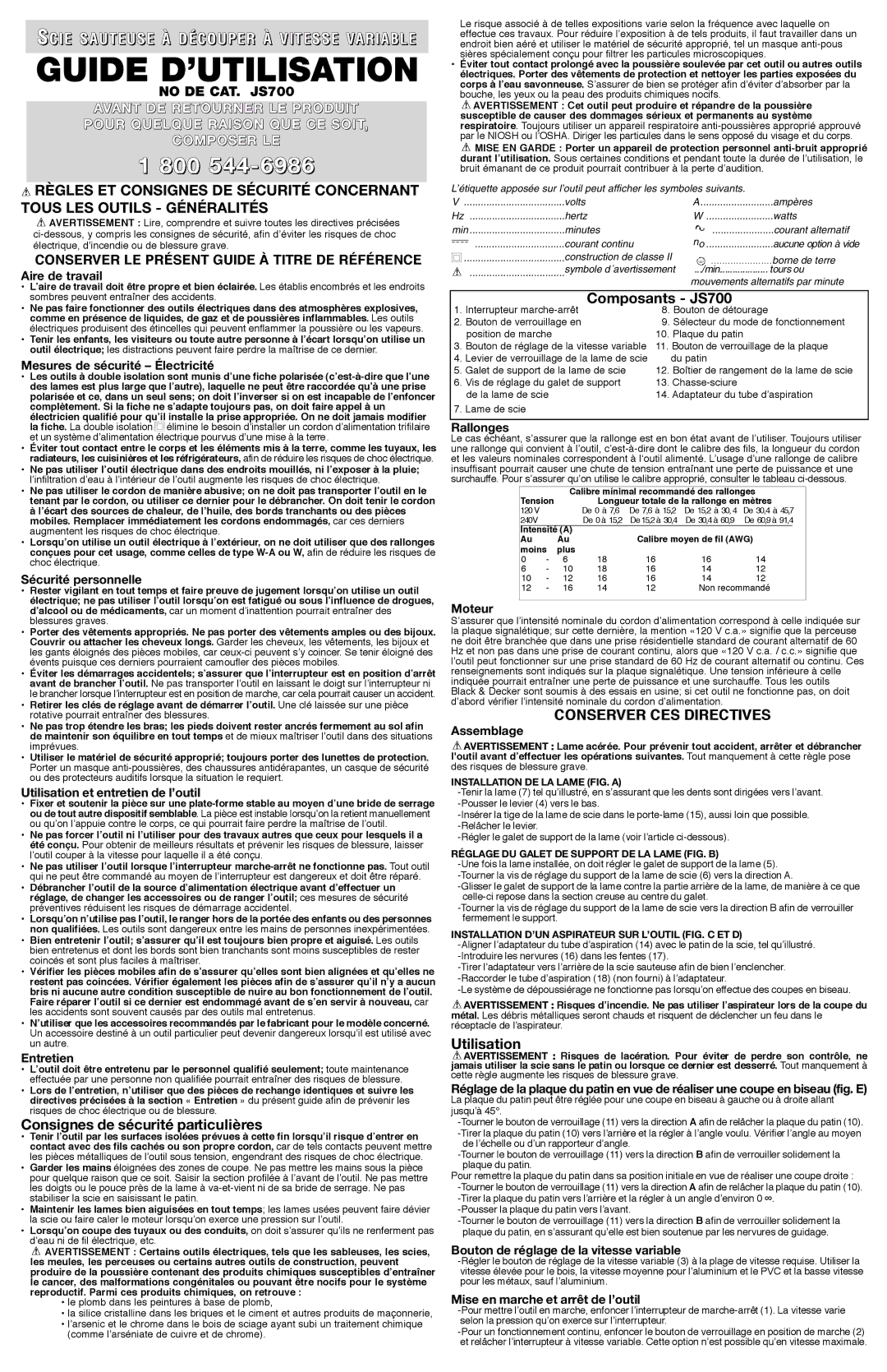 Black & Decker 587384-00 instruction manual Consignes de sécurité particulière s, Composants JS700, Utilisation 