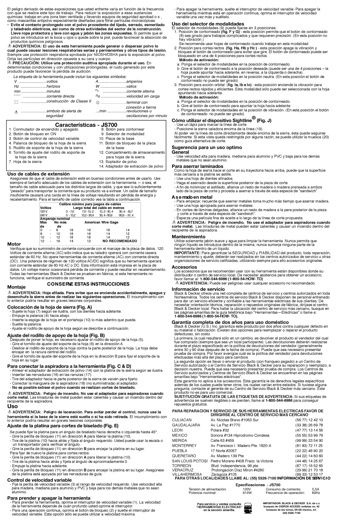 Black & Decker 587384-00 instruction manual Características JS700, Uso 