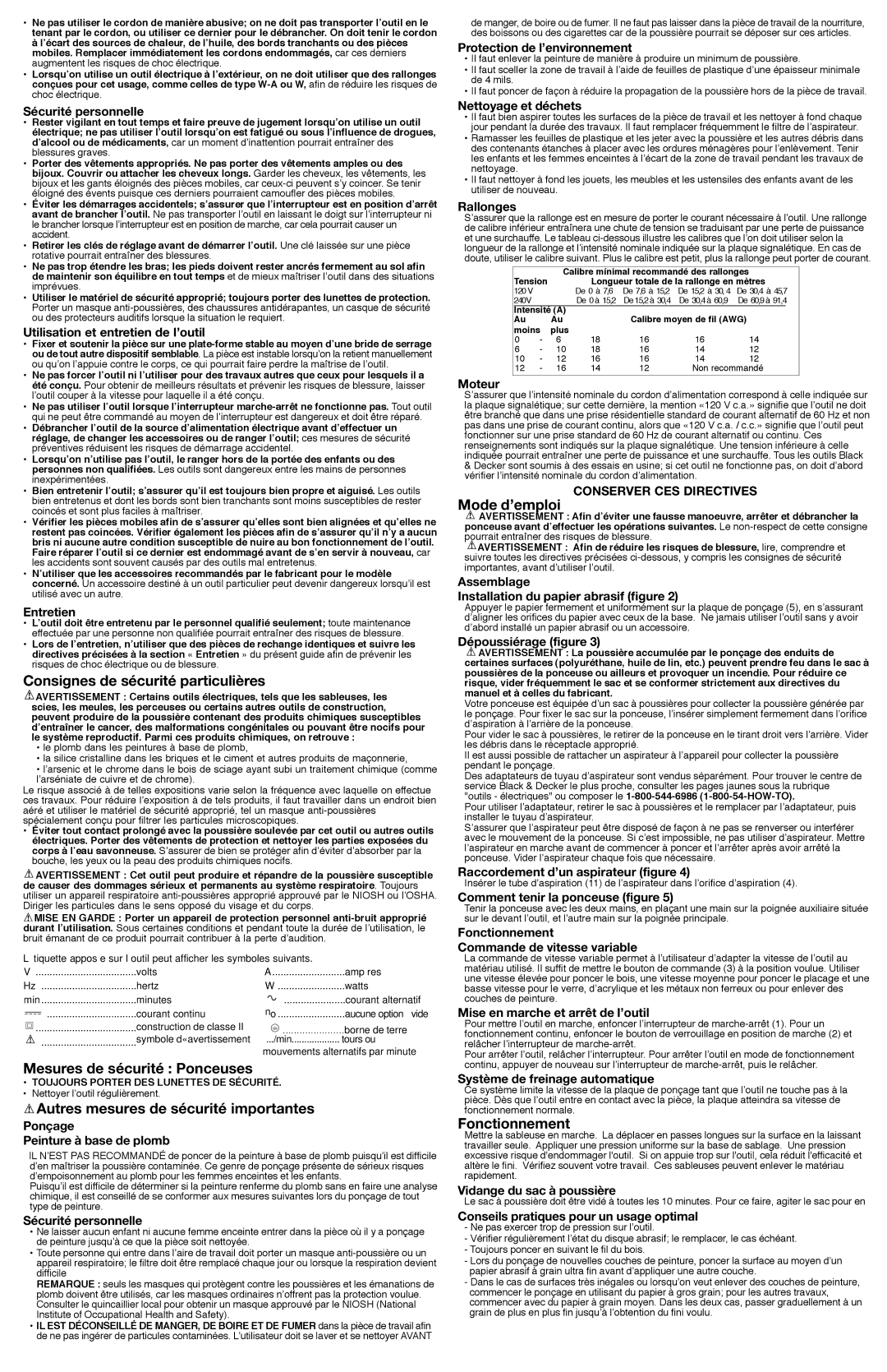 Black & Decker FS4000ROS Consignes de sécurité particulières, Mesures de sécurité Ponceuses, Mode d’emploi, Fonctionnement 