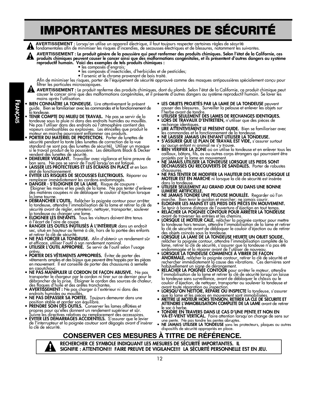 Black & Decker 598968-00 instruction manual Importantes Mesures DE Sécurité, Conserver CES Mesures À Titre DE Référence 