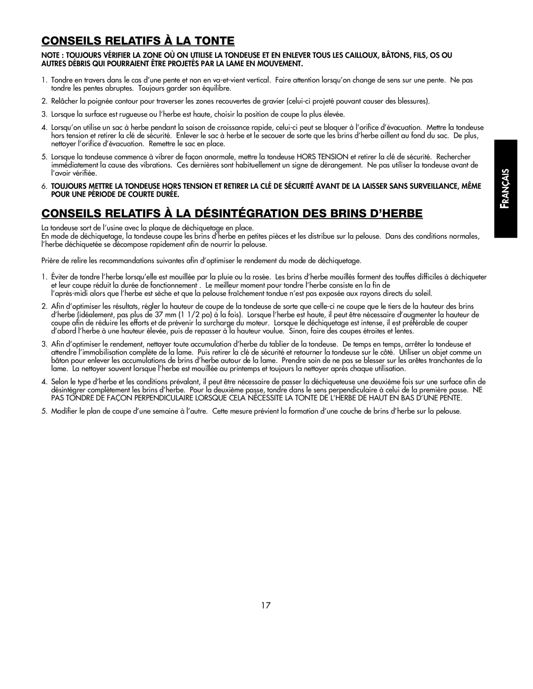 Black & Decker 598968-00 Conseils Relatifs À LA Tonte, Conseils Relatifs À LA Désintégration DES Brins D’HERBE 