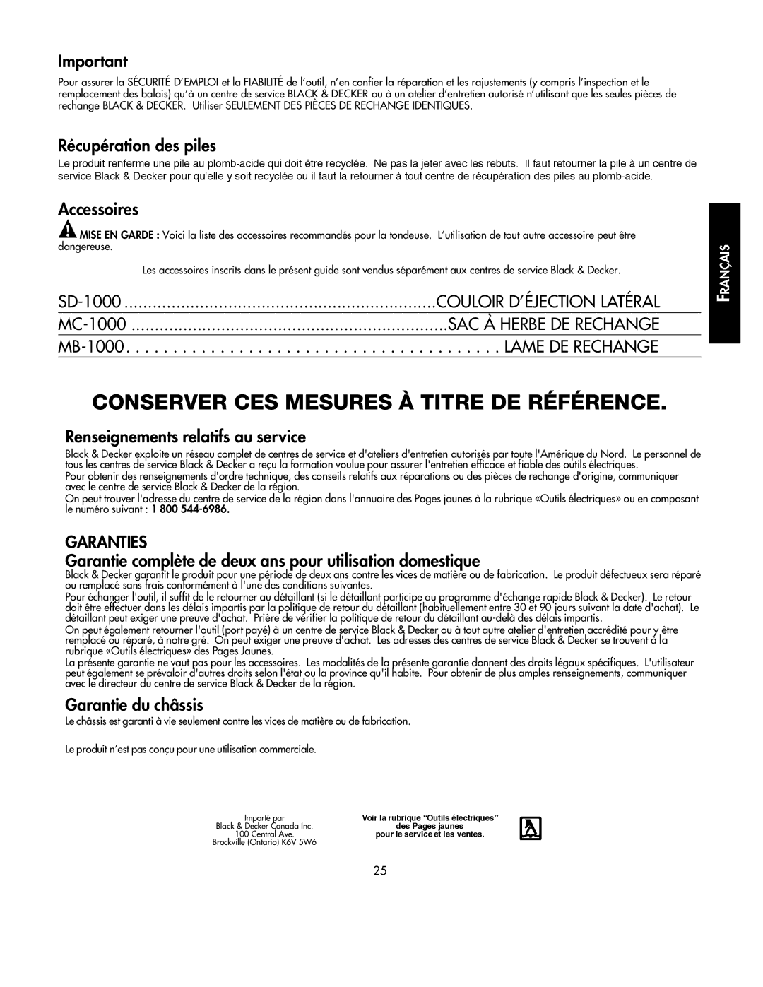 Black & Decker 598968-00 instruction manual Conserver CES Mesures À Titre DE Référence 