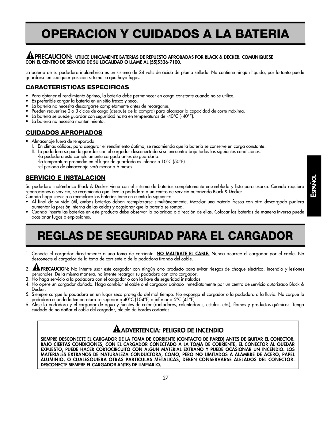 Black & Decker 598968-00 instruction manual Operacion Y Cuidados a LA Bateria, Reglas DE Seguridad Para EL Cargador 