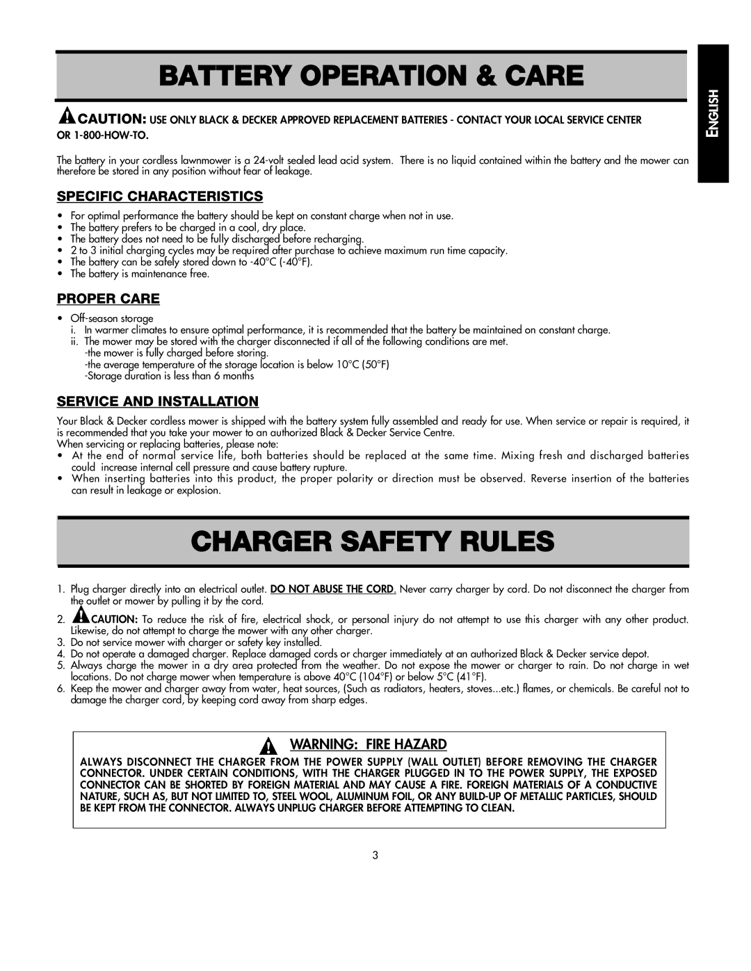 Black & Decker 598968-00 instruction manual Battery Operation & Care, Charger Safety Rules 