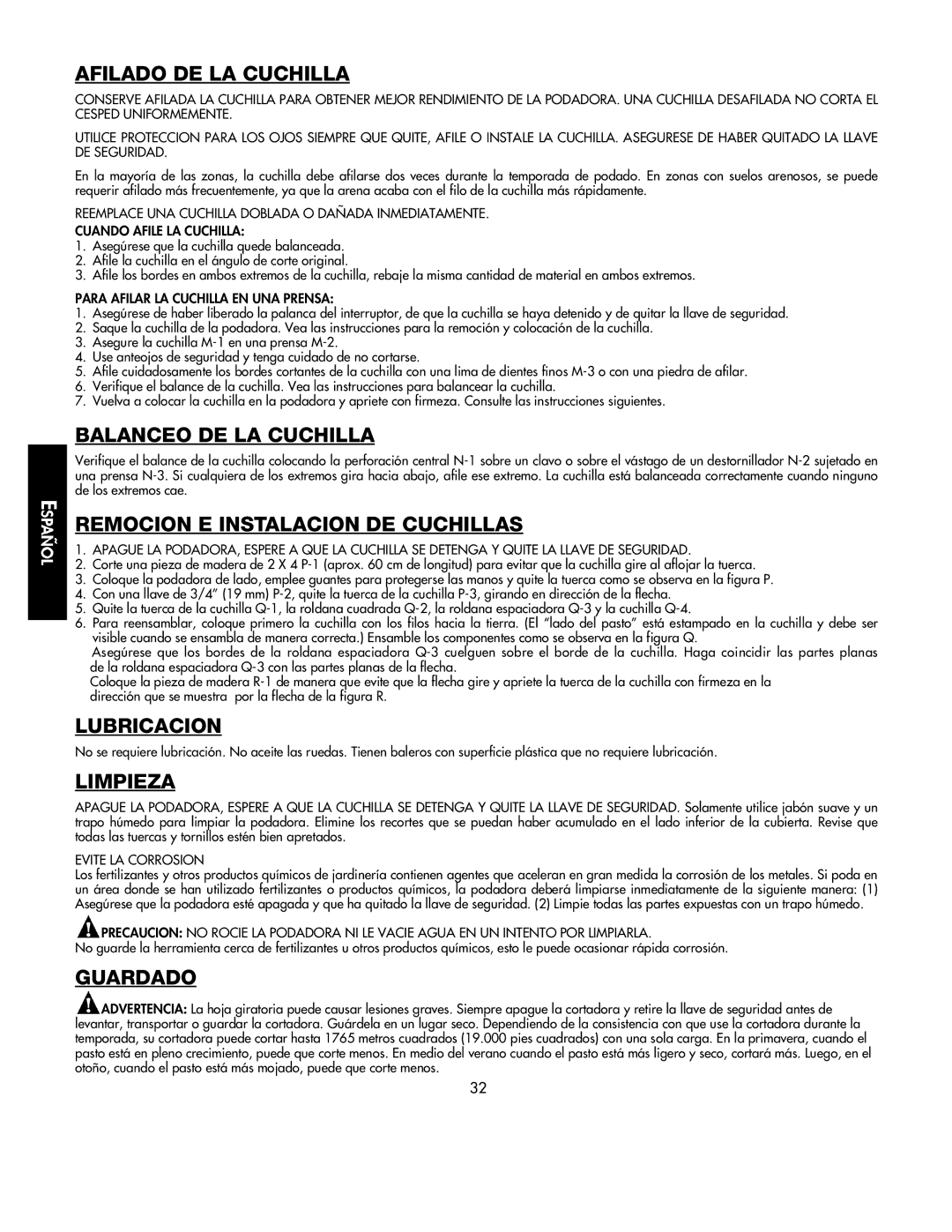 Black & Decker 598968-00 Afilado DE LA Cuchilla, Balanceo DE LA Cuchilla, Remocion E Instalacion DE Cuchillas, Lubricacion 