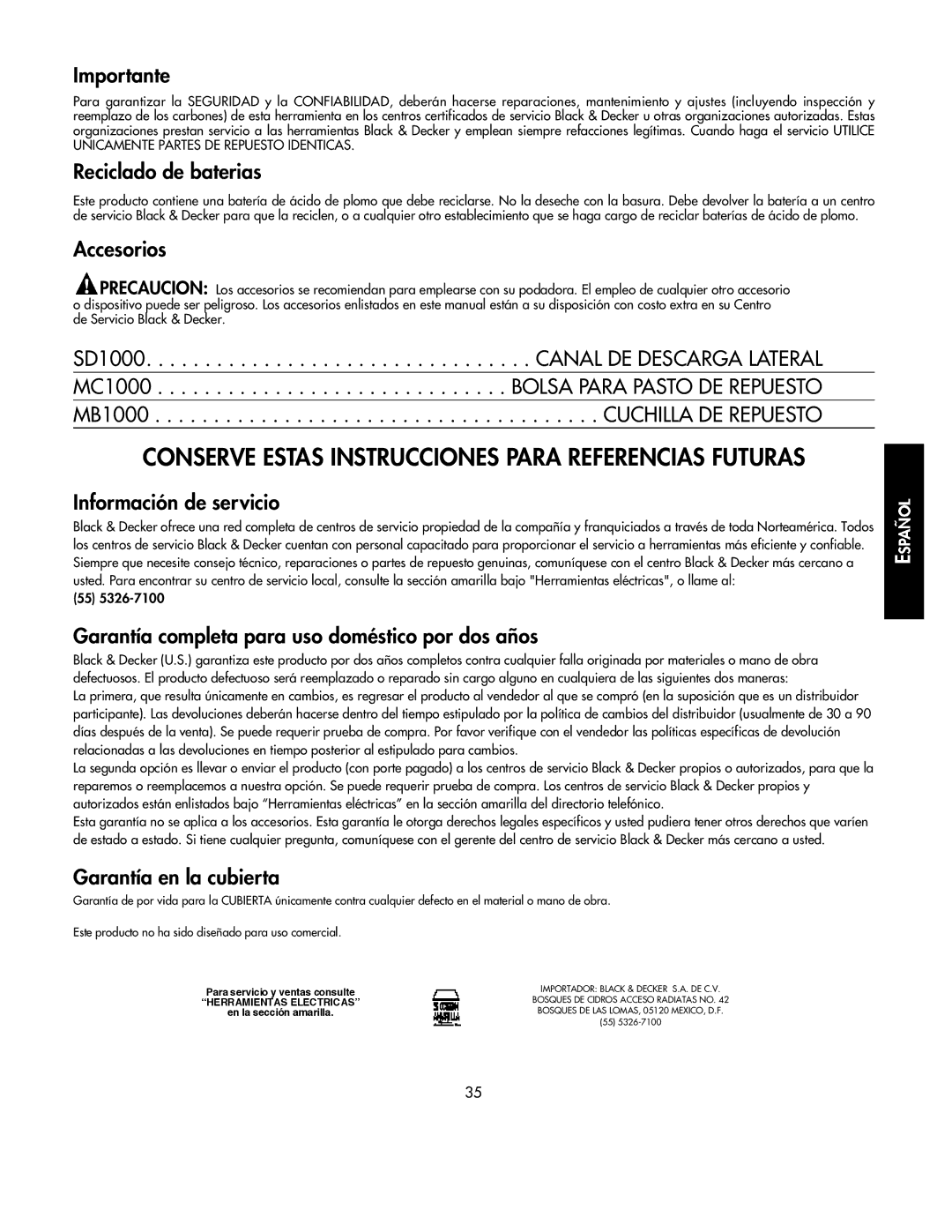 Black & Decker 598968-00 instruction manual Conserve Estas Instrucciones Para Referencias Futuras 