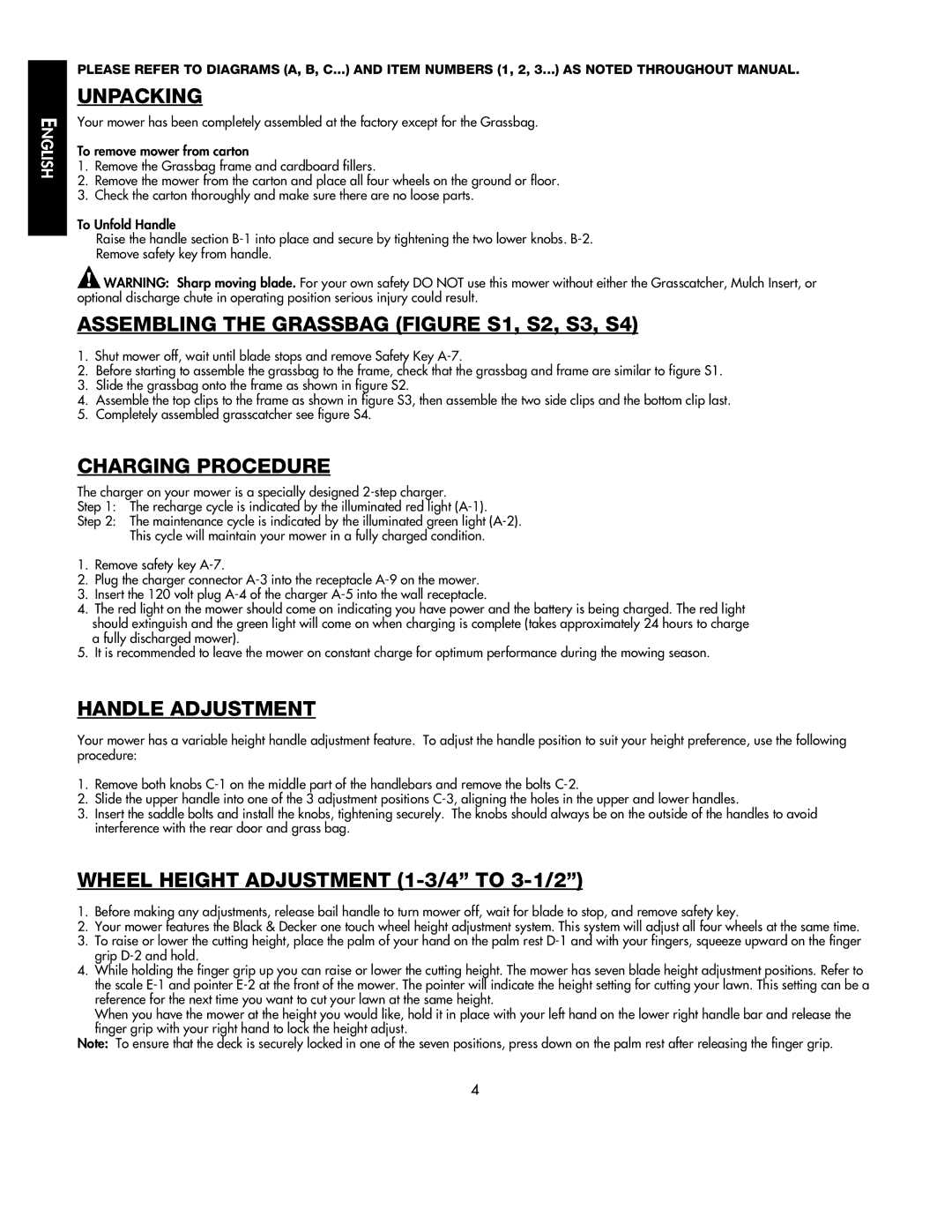 Black & Decker 598968-00 Unpacking, Assembling the Grassbag Figure S1, S2, S3, S4, Charging Procedure, Handle Adjustment 