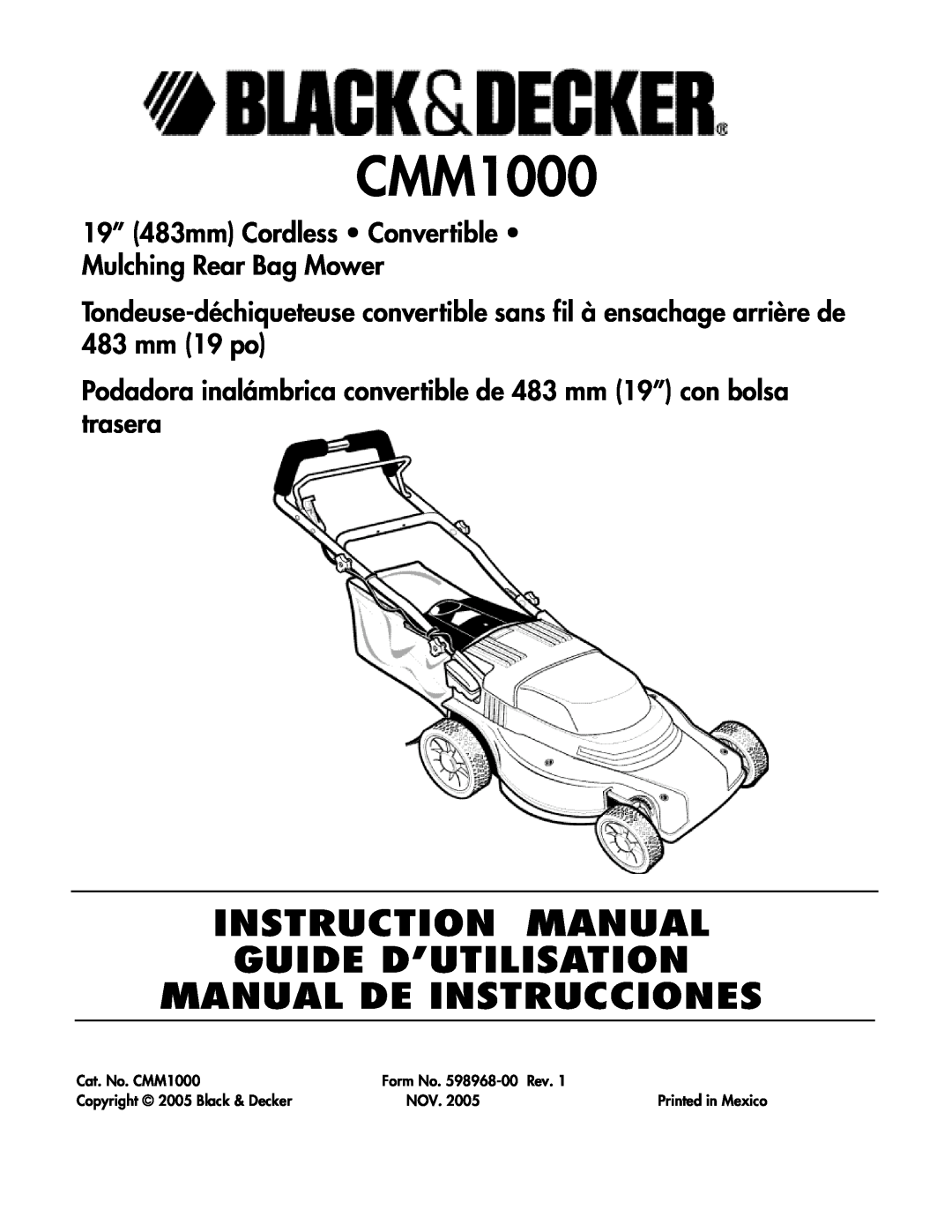 Black & Decker 598968-00 instruction manual CMM1000, 19” 483mm Cordless Convertible Mulching Rear Bag Mower 