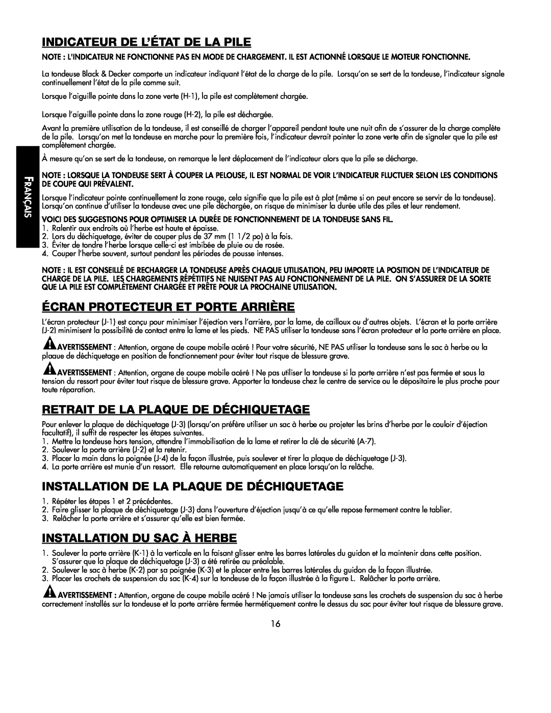 Black & Decker 598968-00 Indicateur De L’État De La Pile, Écran Protecteur Et Porte Arrière, Installation Du Sac À Herbe 