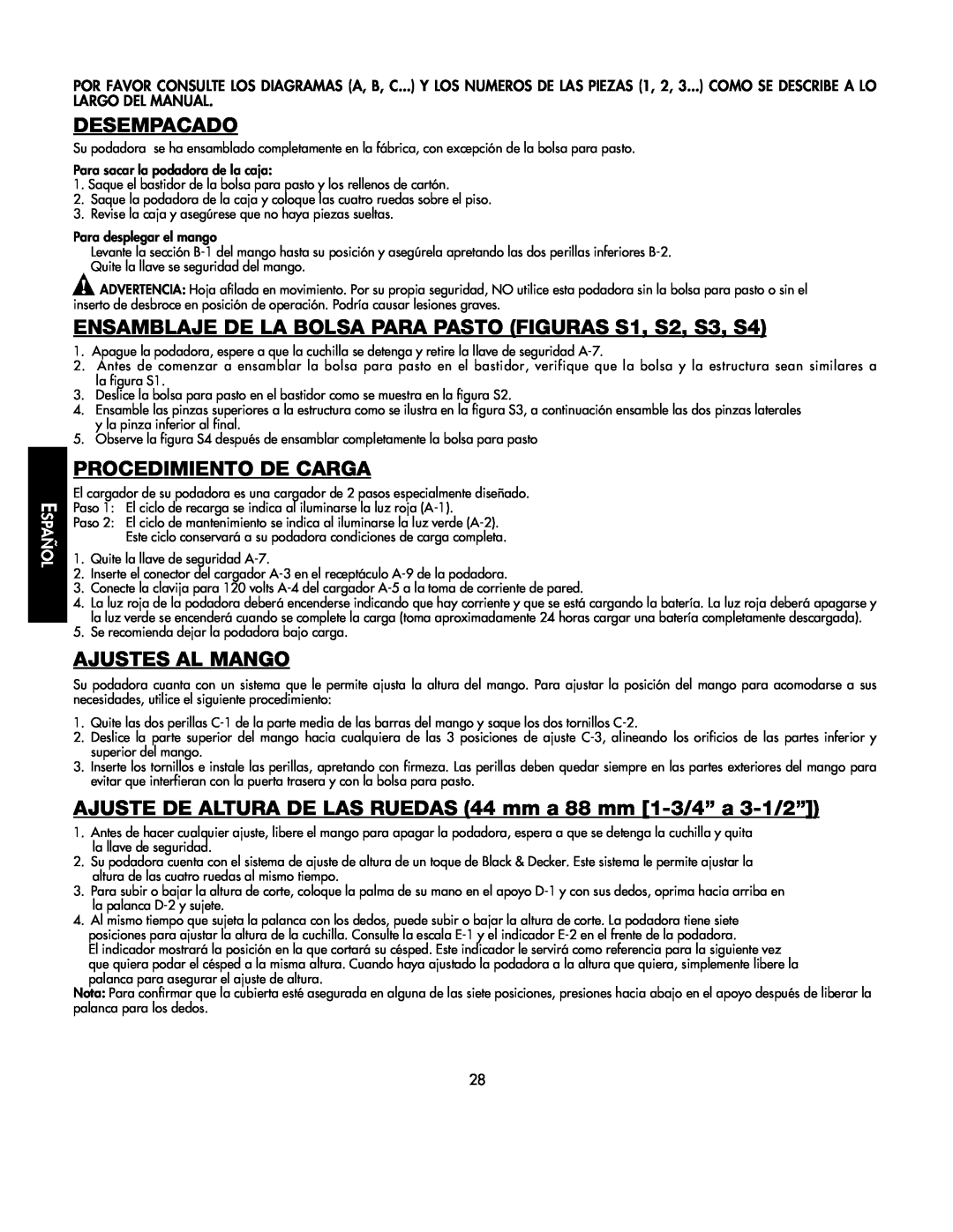 Black & Decker 598968-00 Desempacado, ENSAMBLAJE DE LA BOLSA PARA PASTO FIGURAS S1, S2, S3, S4, Procedimiento De Carga 