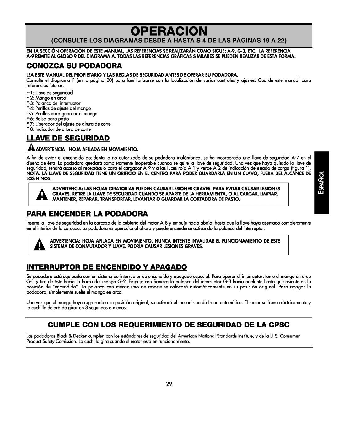 Black & Decker 598968-00 instruction manual Operacion, Conozca Su Podadora, Llave De Seguridad, Para Encender La Podadora 