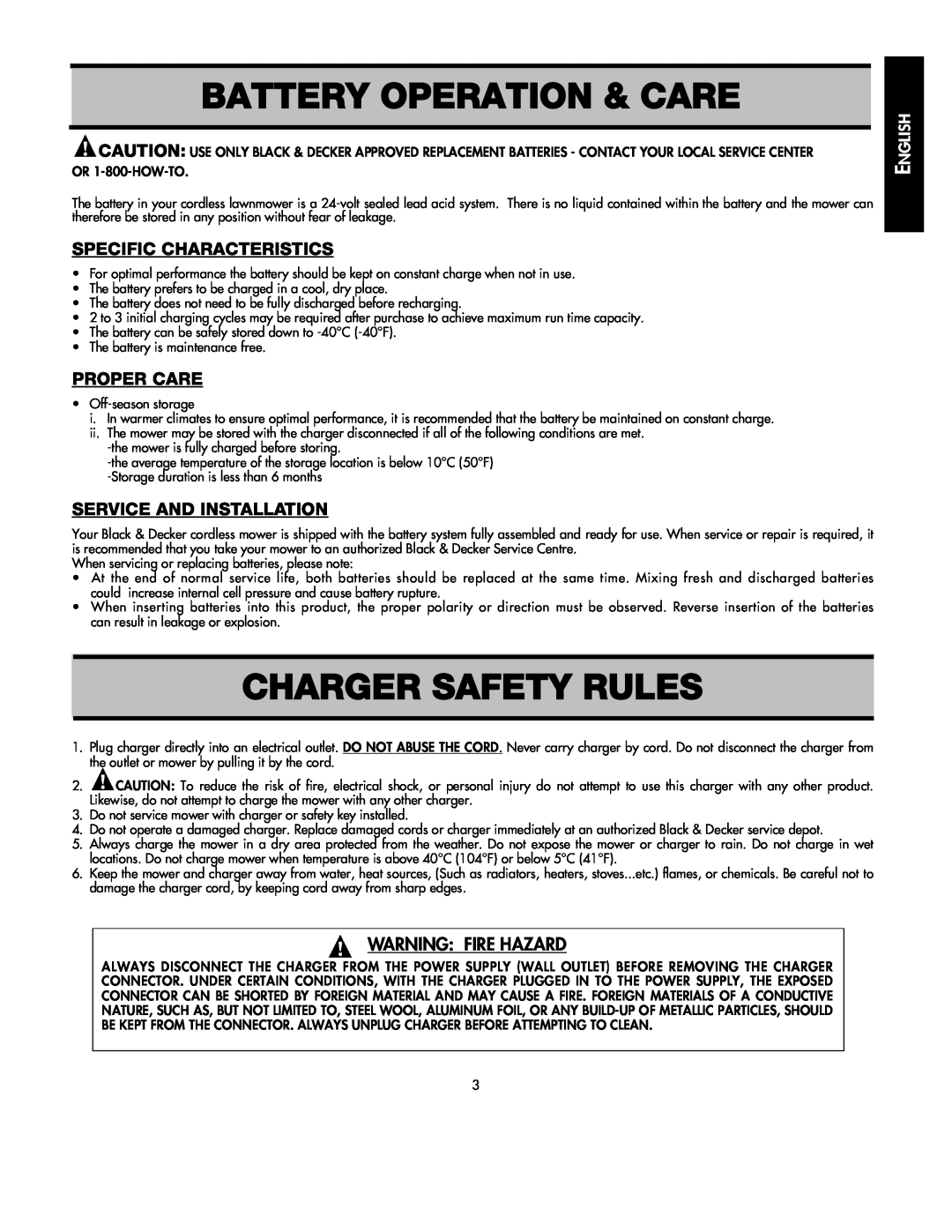 Black & Decker 598968-00 Battery Operation & Care, Charger Safety Rules, Specific Characteristics, Proper Care 