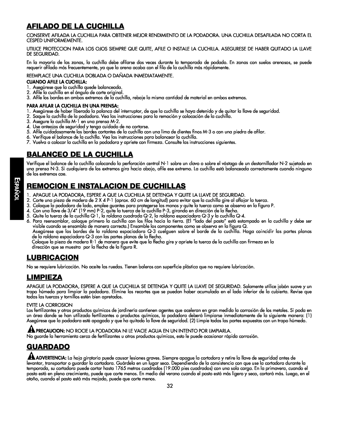 Black & Decker 598968-00 Afilado De La Cuchilla, Balanceo De La Cuchilla, Remocion E Instalacion De Cuchillas, Lubricacion 