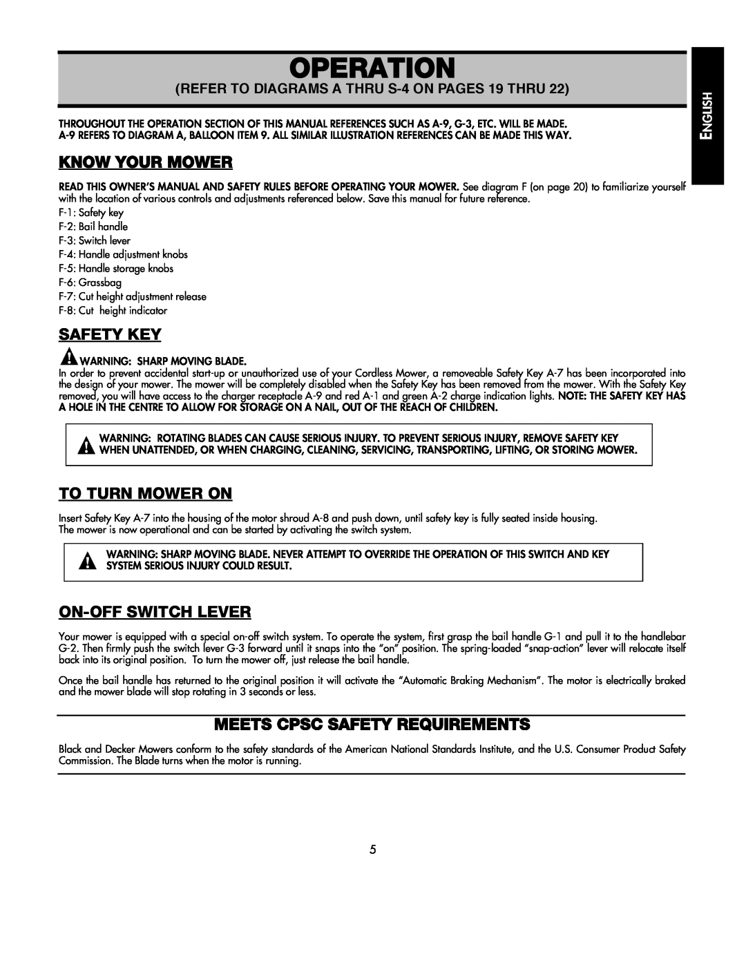 Black & Decker 598968-00 instruction manual Operation, Know Your Mower, Safety Key, To Turn Mower On, On-Off Switch Lever 