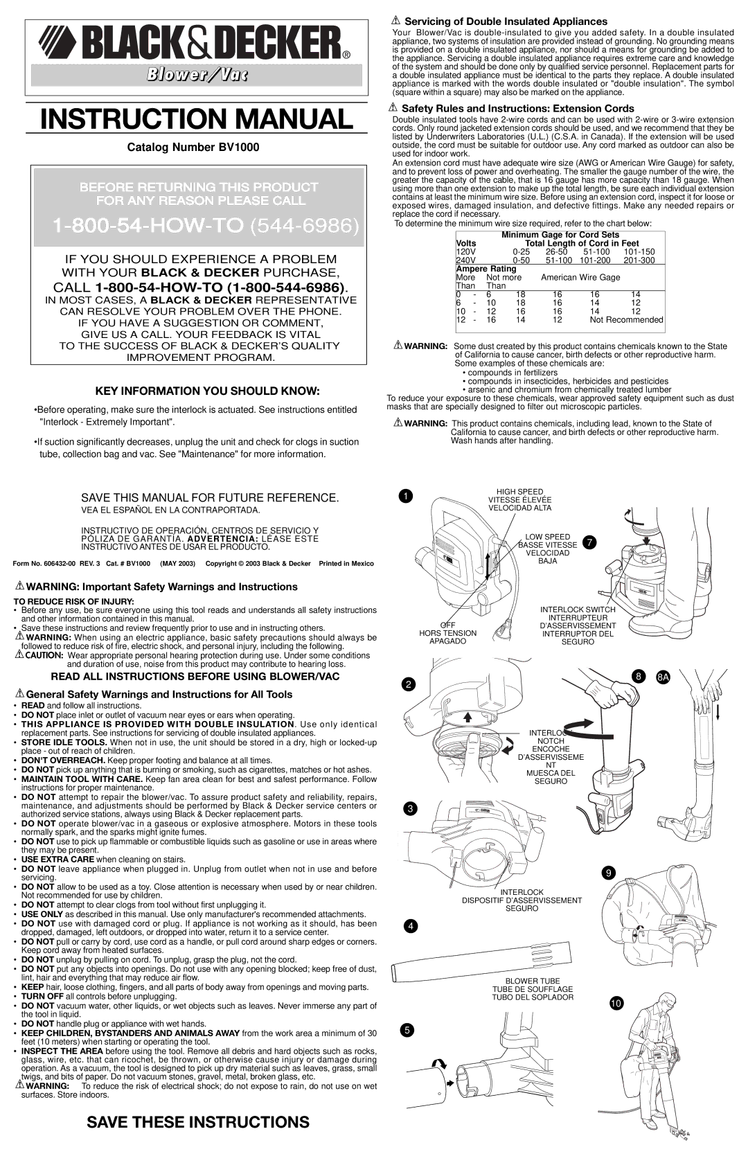 Black & Decker 606432-00 instruction manual Servicing of Double Insulated Appliances, To Reduce Risk of Injury 