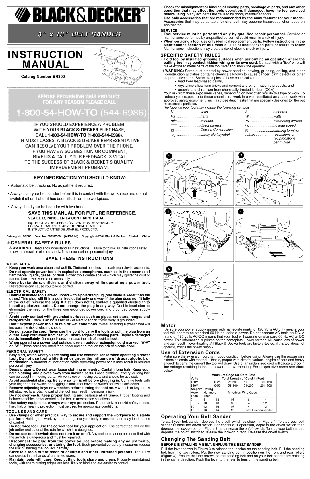 Black & Decker BR300, 607527-00 instruction manual Motor, Use of Extension Cords, Operating Your Belt Sander 