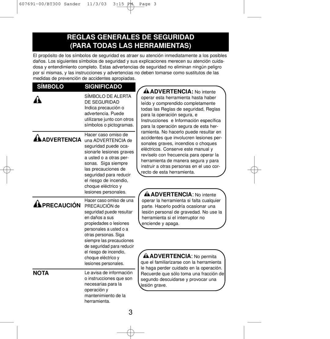 Black & Decker BT300, 607691-00 owner manual Reglas Generales DE Seguridad Para Todas LAS Herramientas, Nota 