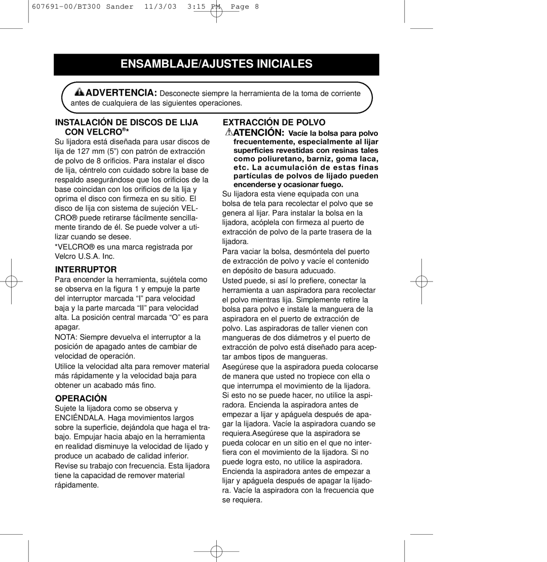 Black & Decker 607691-00, BT300 owner manual ENSAMBLAJE/AJUSTES Iniciales, Instalación DE Discos DE Lija CON Velcro 