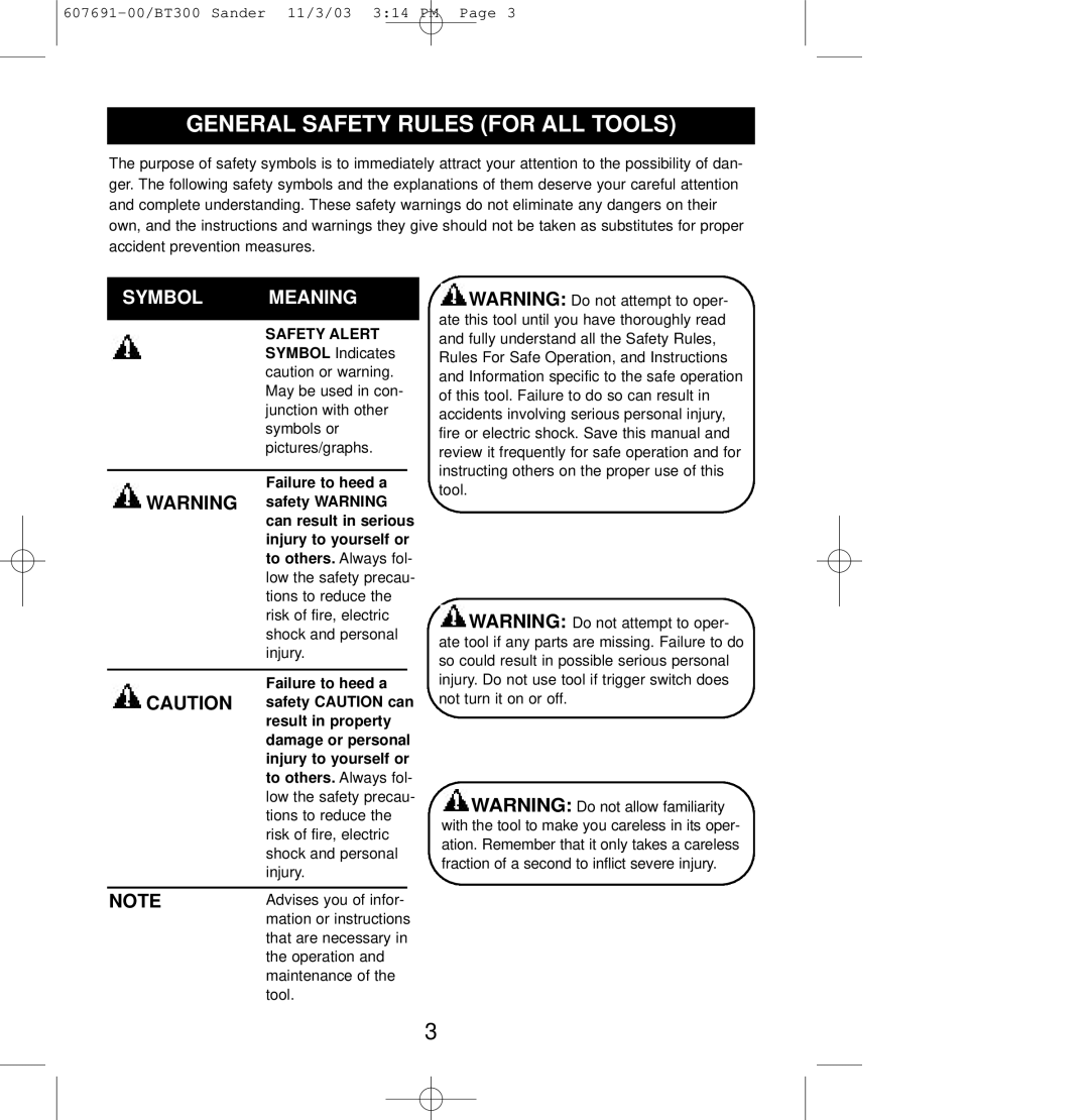 Black & Decker BT300, 607691-00 owner manual General Safety Rules for ALL Tools, Symbol Meaning 