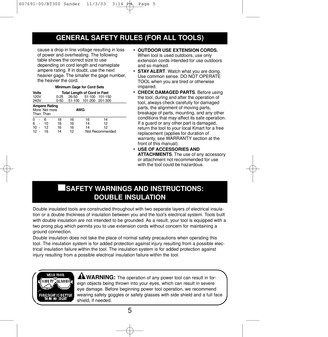 Black & Decker BT300, 607691-00 owner manual Safety Warnings and Instructions Double Insulation 