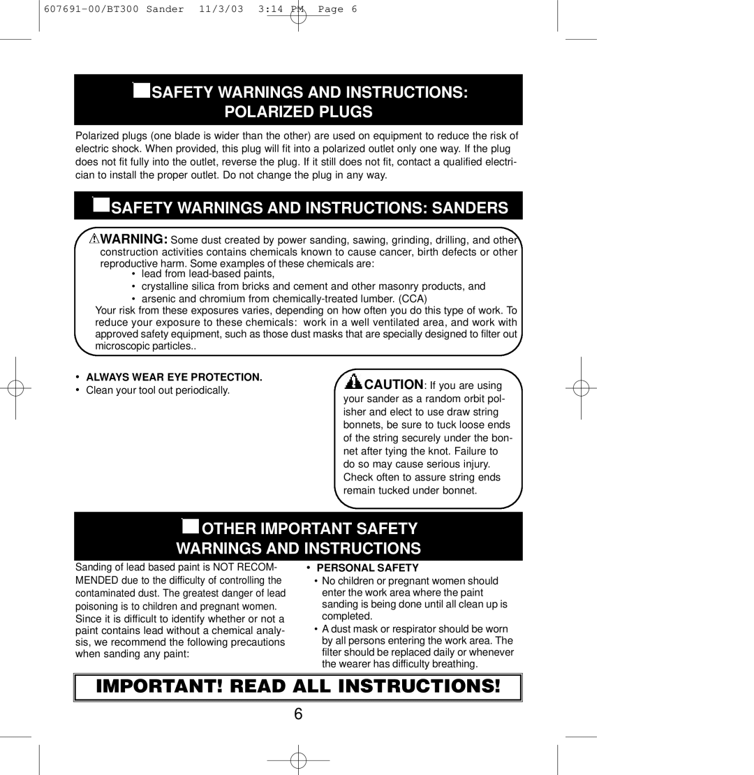 Black & Decker 607691-00, BT300 Safety Warnings and Instructions Polarized Plugs, Safety Warnings and Instructions Sanders 