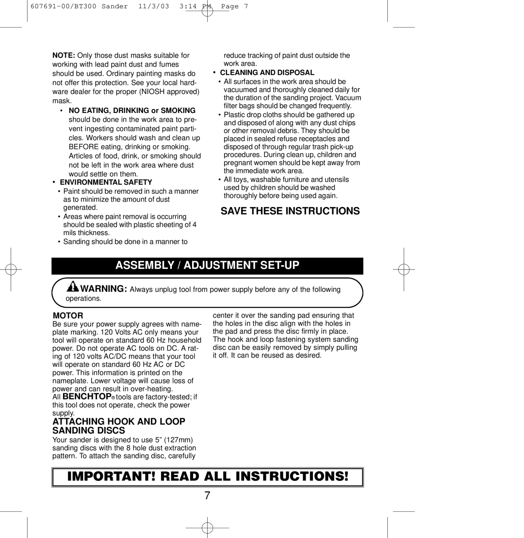 Black & Decker BT300, 607691-00 owner manual Assembly / Adjustment SET-UP, Attaching Hook and Loop Sanding Discs 