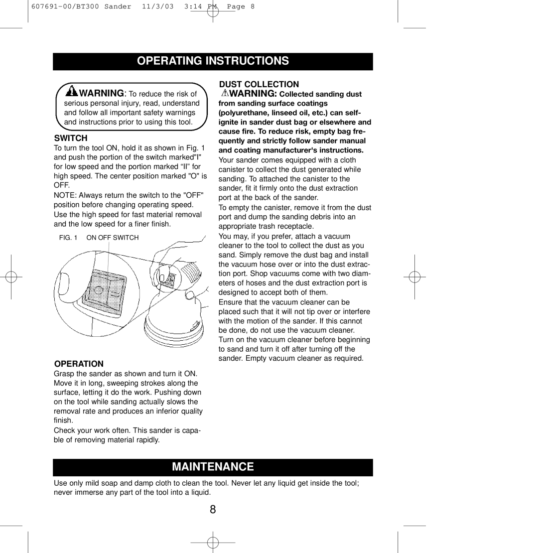 Black & Decker 607691-00, BT300 owner manual Operating Instructions, Maintenance 