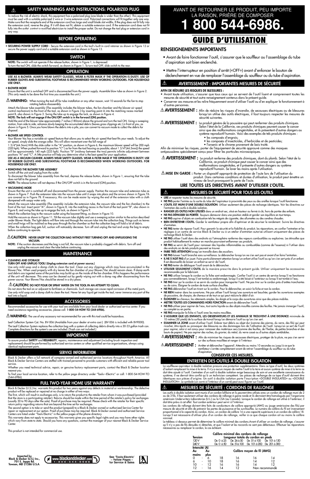 Black & Decker 608435-00 Safety Warnings and Instructions Polarized Plug, Before Operating, Switch, Operation, Maintenance 