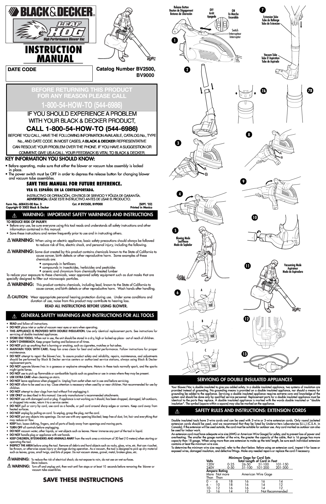 Black & Decker 608435-00 instruction manual Key Information You Should Know, Manual, Save These Instructions, BV9000 