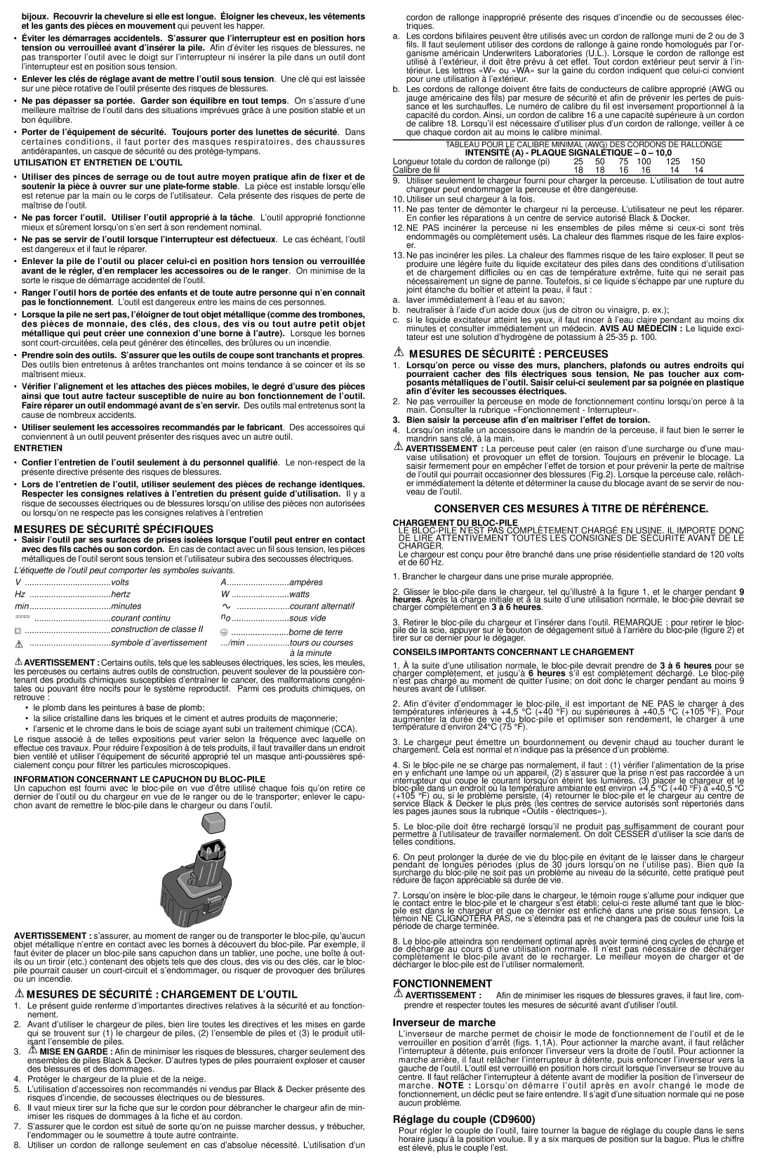 Black & Decker 611306-00 Mesures DE Sécurité Spécifiques, Mesures DE Sécurité Chargement DE L’OUTIL, Fonctionnement 