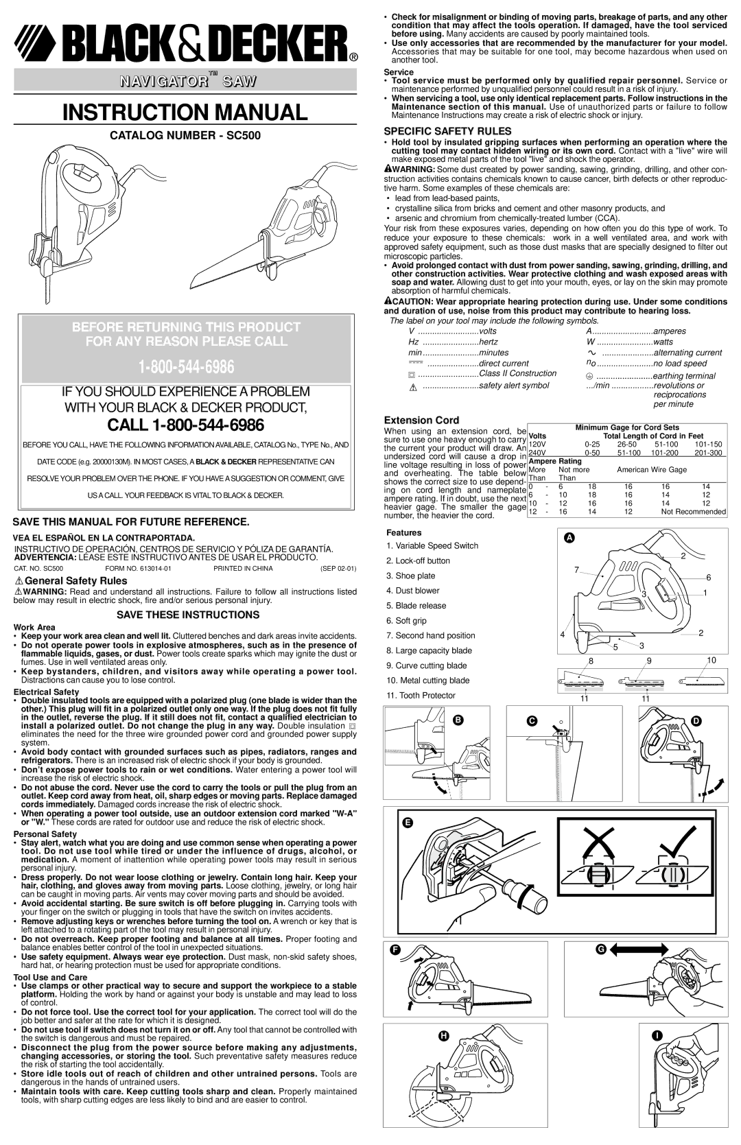 Black & Decker 613014-01 instruction manual Extension Cord, General Safety Rules, VEA EL Español EN LA Contraportada 