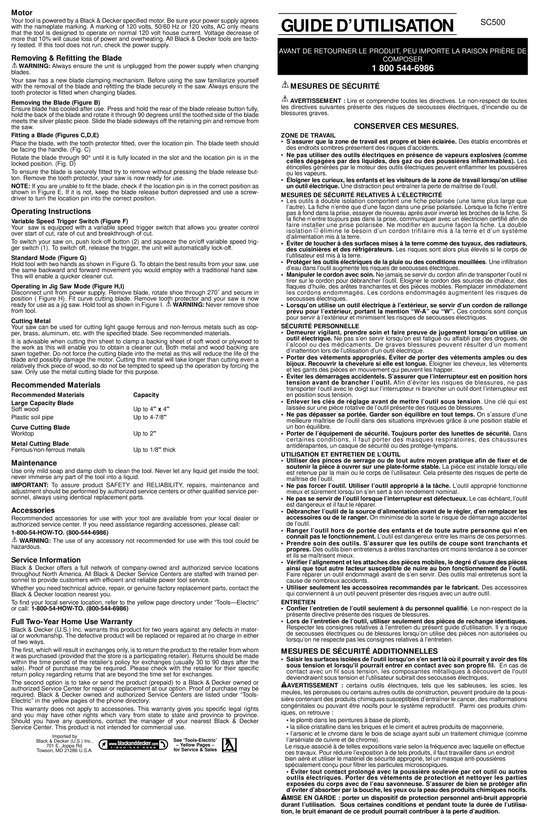 Black & Decker 613014-01 Motor, Removing & Refitting the Blade, Operating Instructions, Recommended Materials, Maintenance 