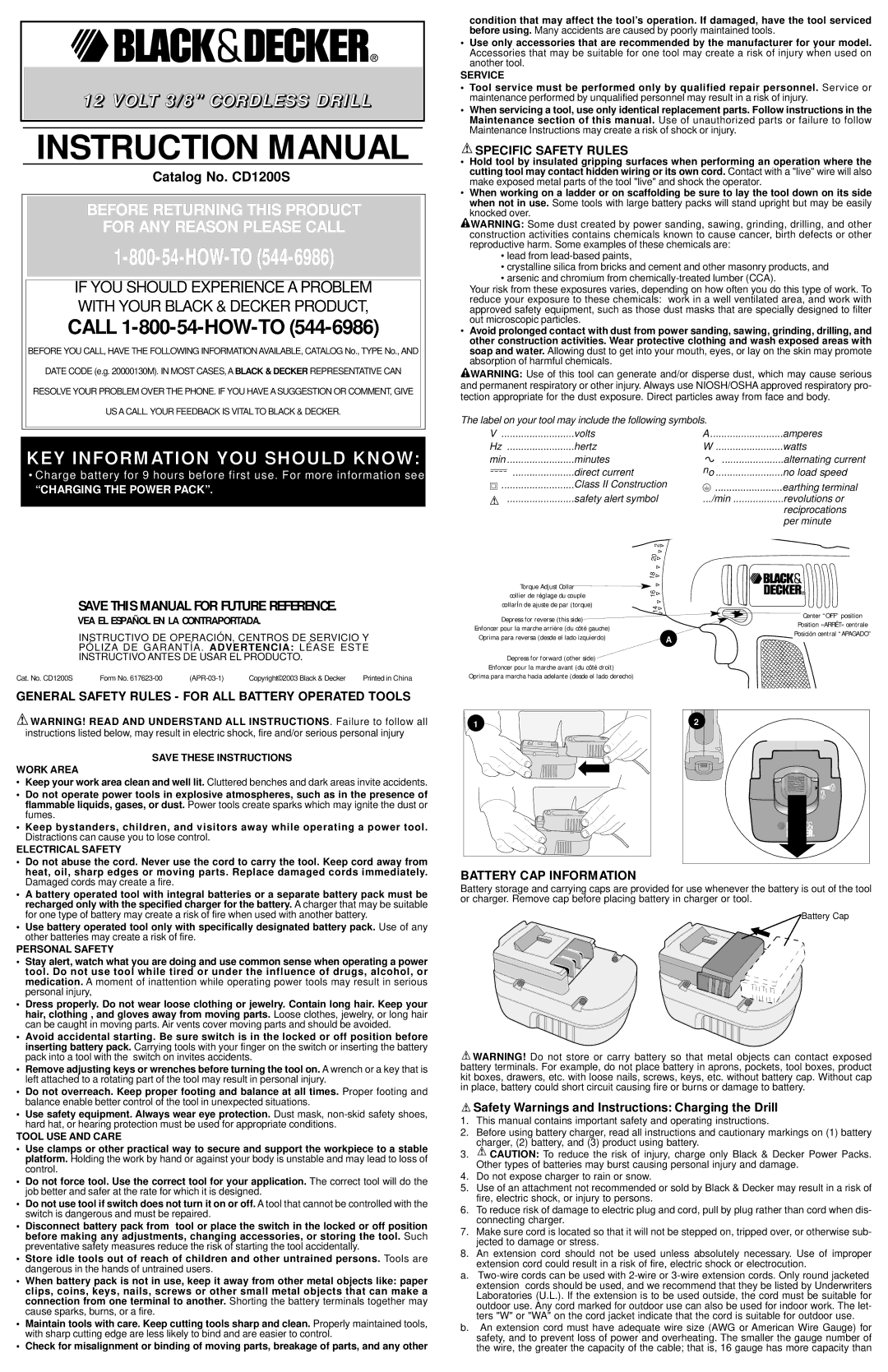 Black & Decker 617623-00 instruction manual Specific Safety Rules, General Safety Rules for ALL Battery Operated Tools 