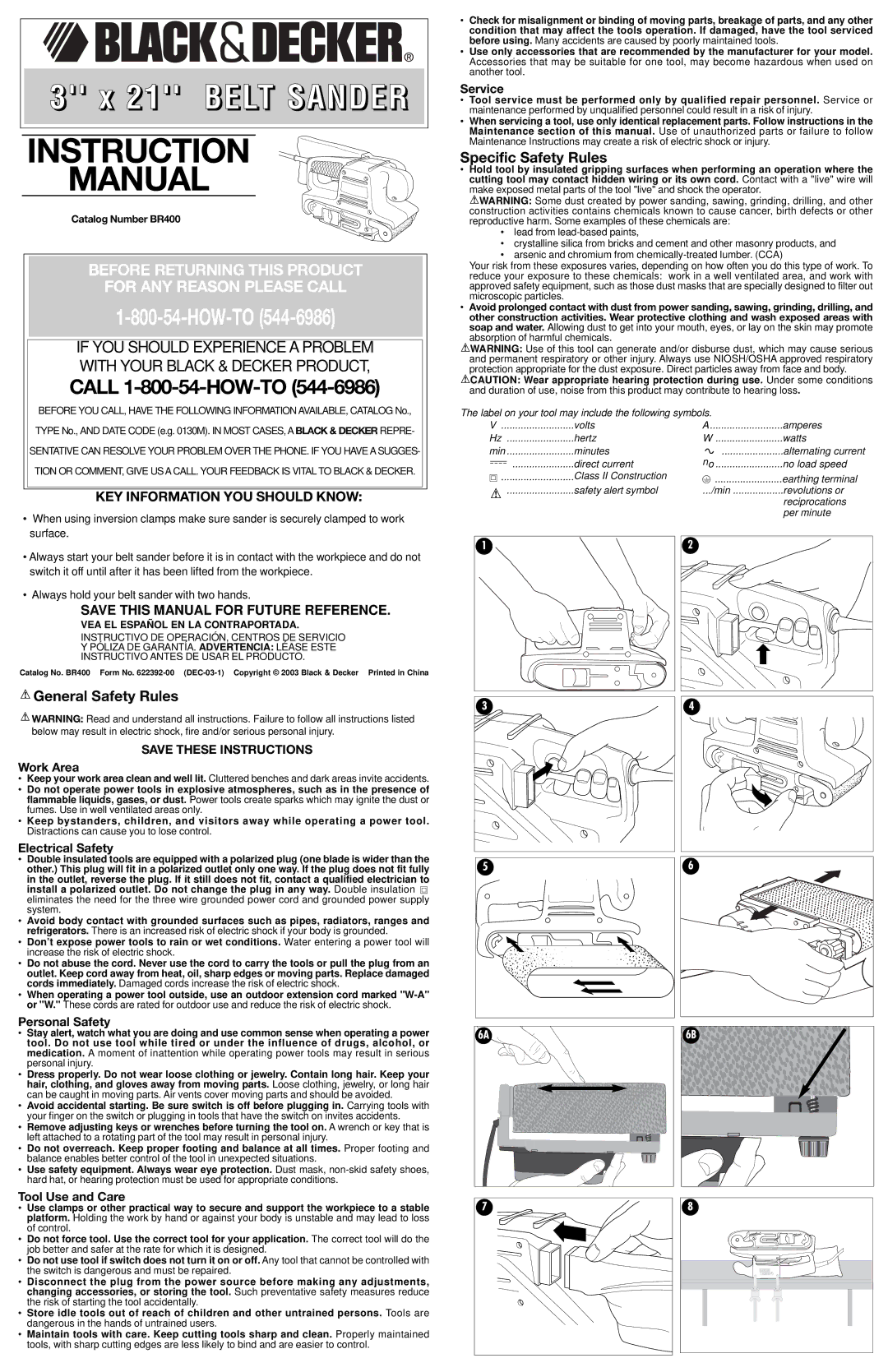 Black & Decker BR400 instruction manual Work Area, Electrical Safety, Service, Personal Safety, Tool Use and Care 