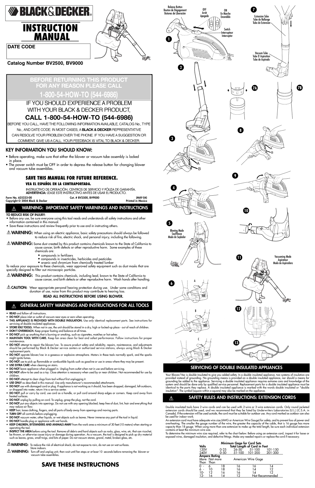 Black & Decker 625233-00 instruction manual General Safety Warnings and Instructions for ALL Tools 