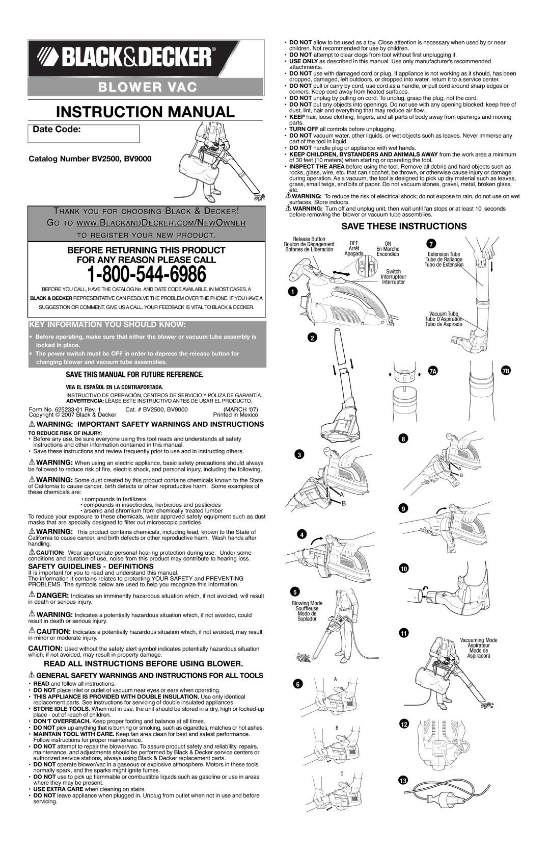 Black & Decker BV9000, 625233-01 instruction manual KEY Information YOU should Know, Save this Manual for Future Reference 