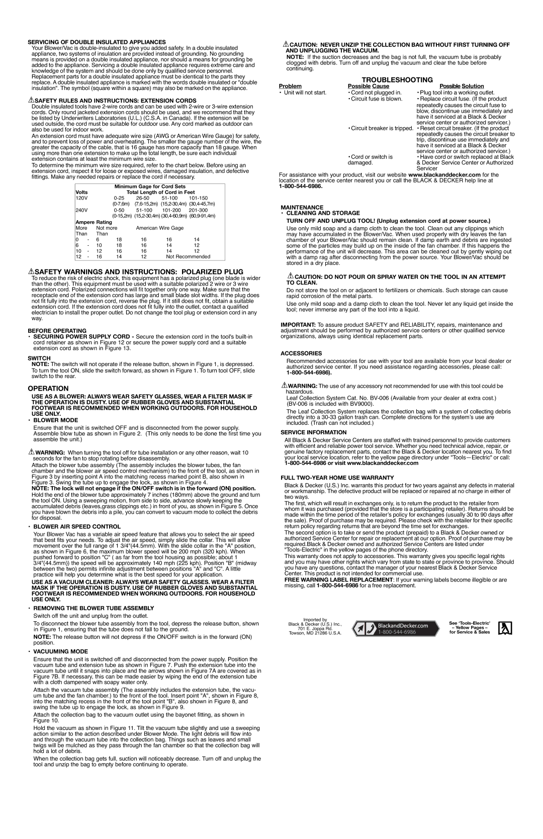 Black & Decker 625233-01, BV9000 Safety Warnings and Instructions Polarized Plug, Operation, Troubleshooting 