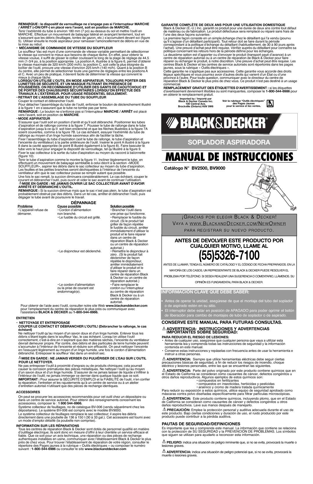 Black & Decker 625233-01, BV9000 Información Clave QUE Debe Saber, Conserve Este Manual Para Futuras Consultas, Dépannage 