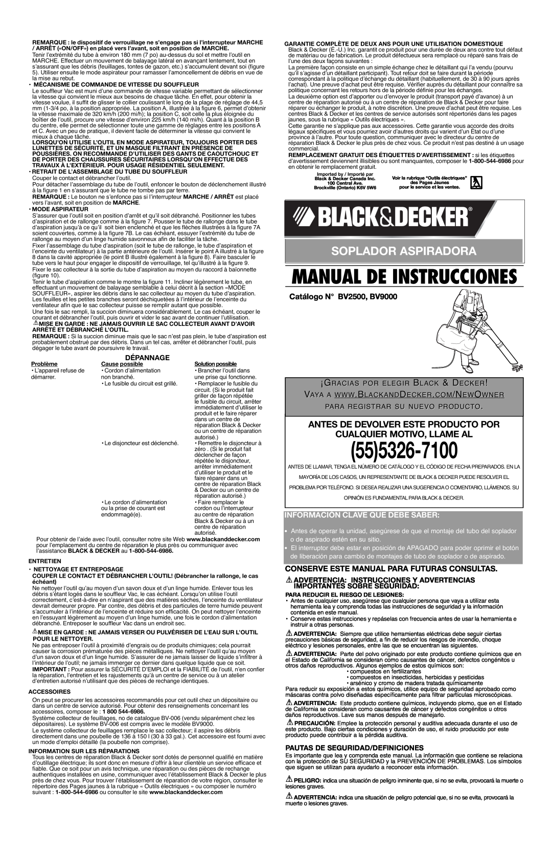Black & Decker 625233-01 Soplador Aspiradora, Antes De Devolver Este Producto Por Cualquier Motivo, Llame Al, Dépannage 