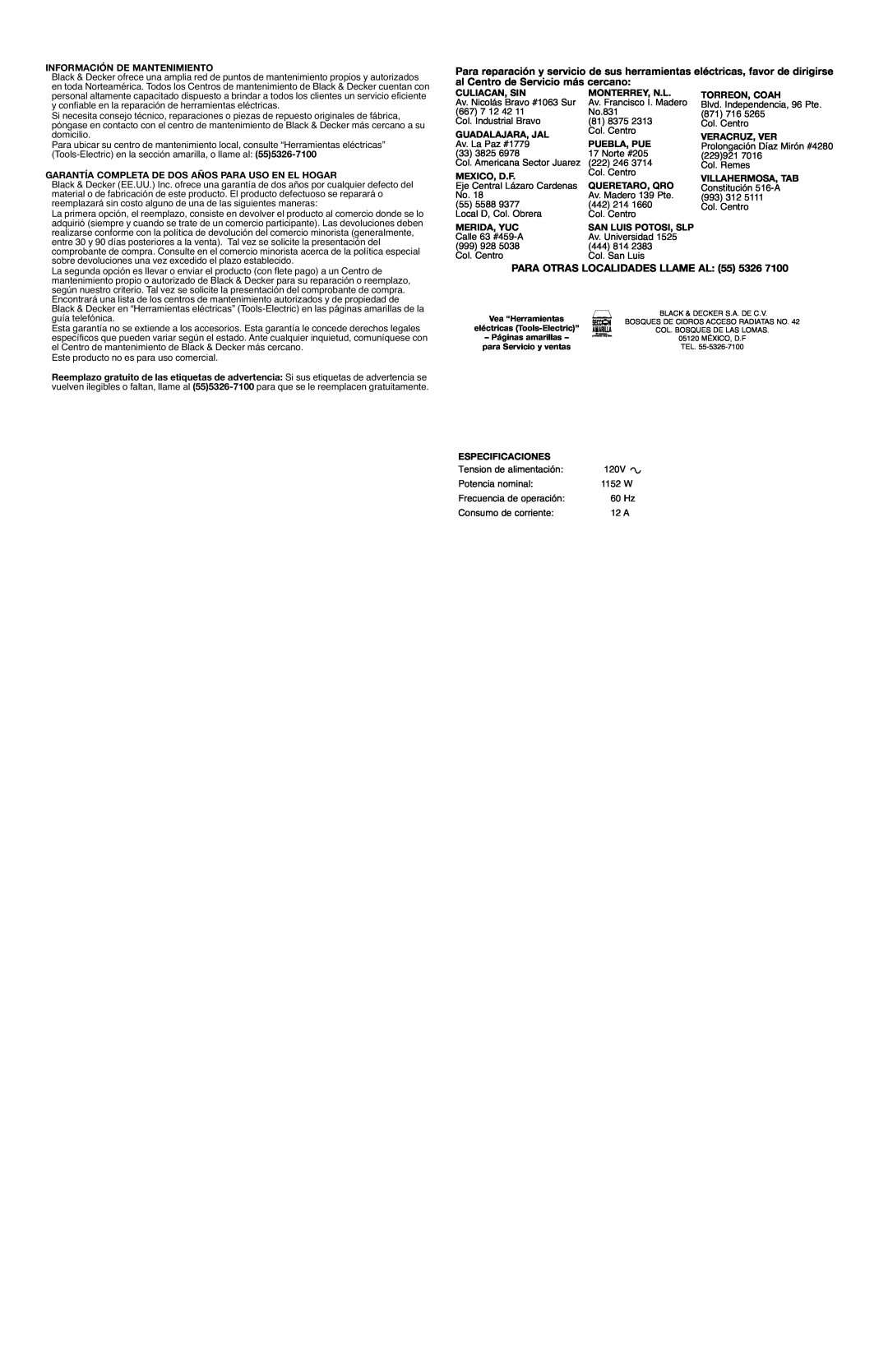 Black & Decker 625233-01, BV9000 instruction manual PARA OTRAS LOCALIDADES LLAME AL 55 5326 