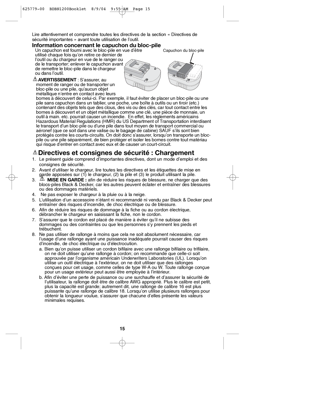 Black & Decker BDBN1200 Directives et consignes de sécurité Chargement, Information concernant le capuchon du bloc-pile 